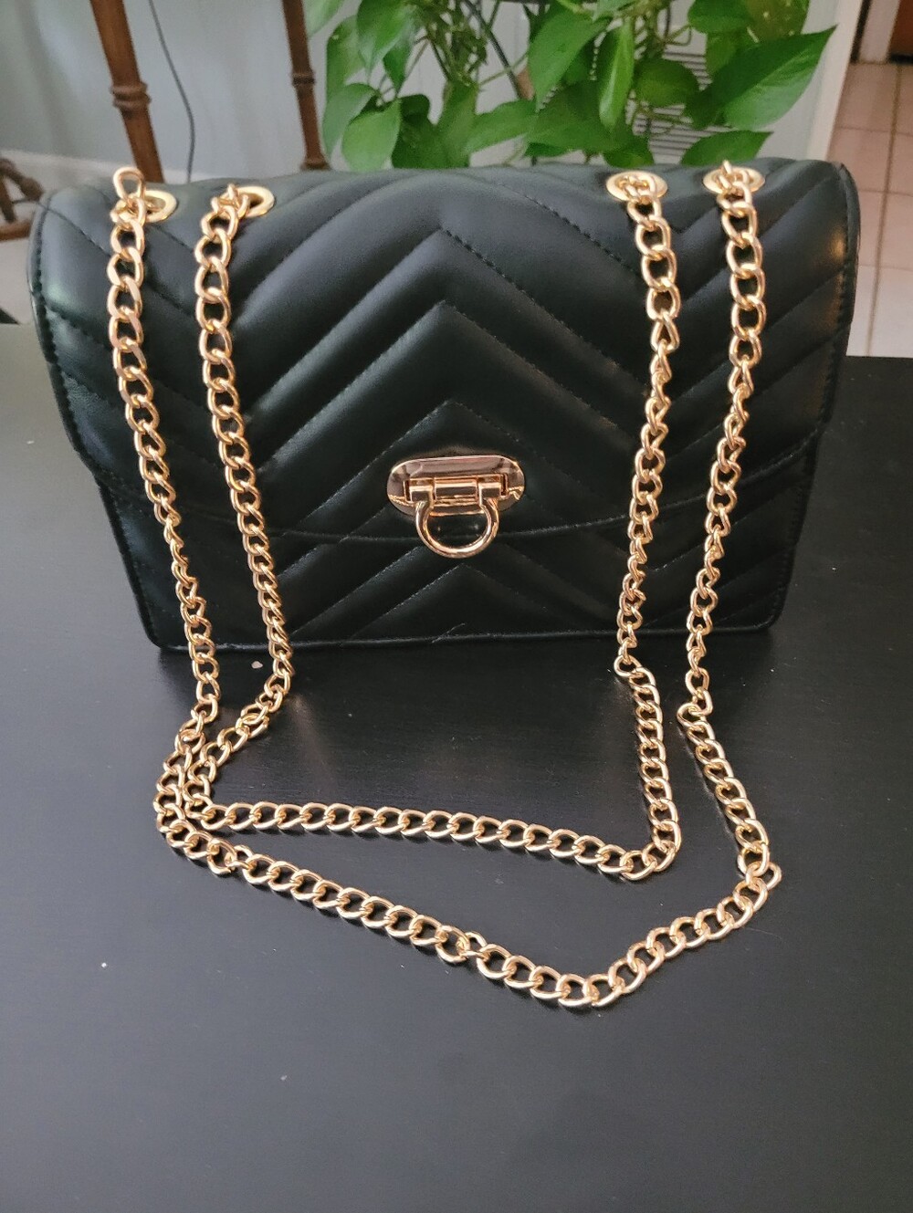 Classic Faux Leathet Quilted Black Crossbody Bag with Gold Chain